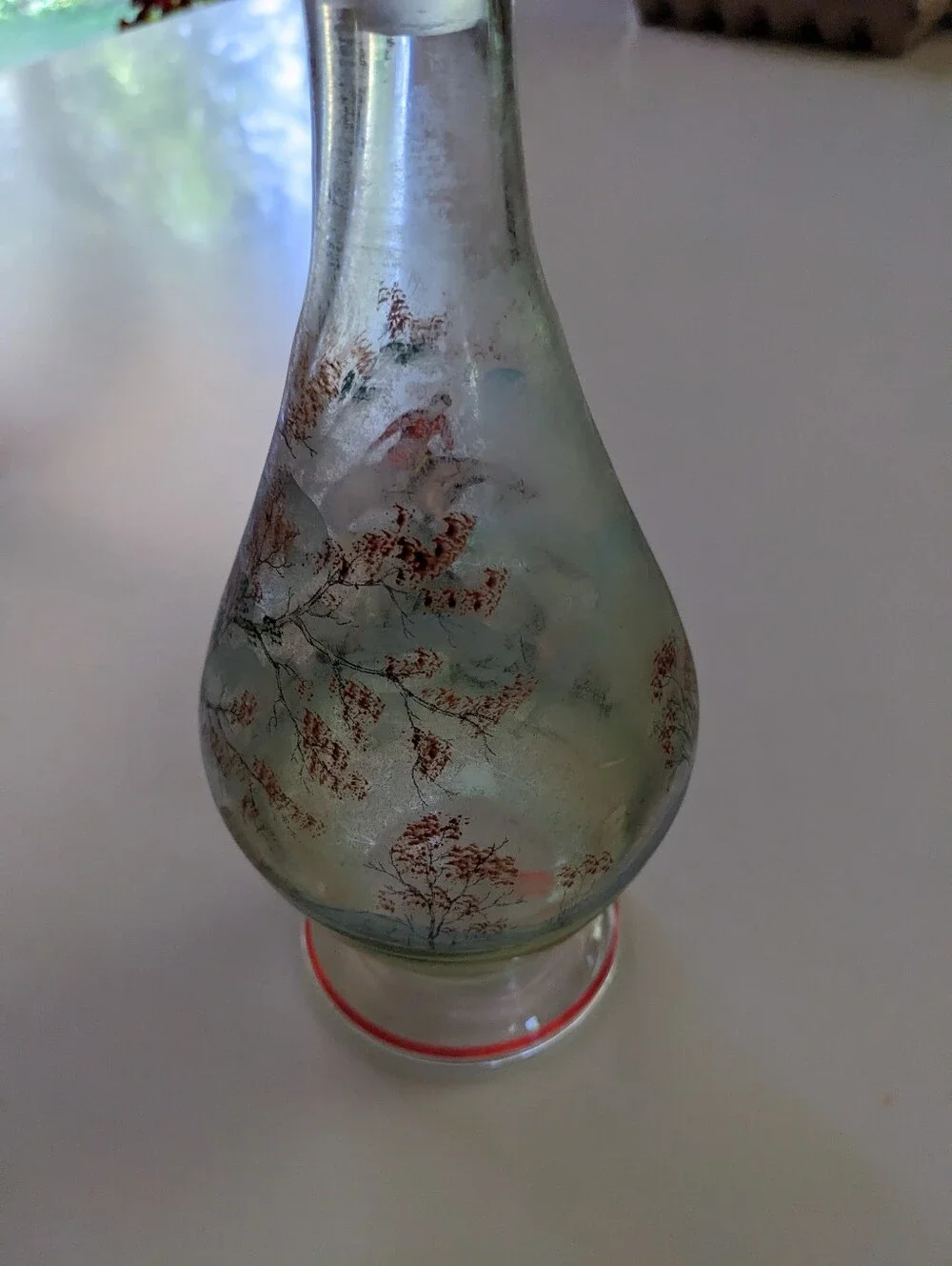 1930's Czechoslovakian Glass Decanter Set with Equestrian Scene and Red Trim.